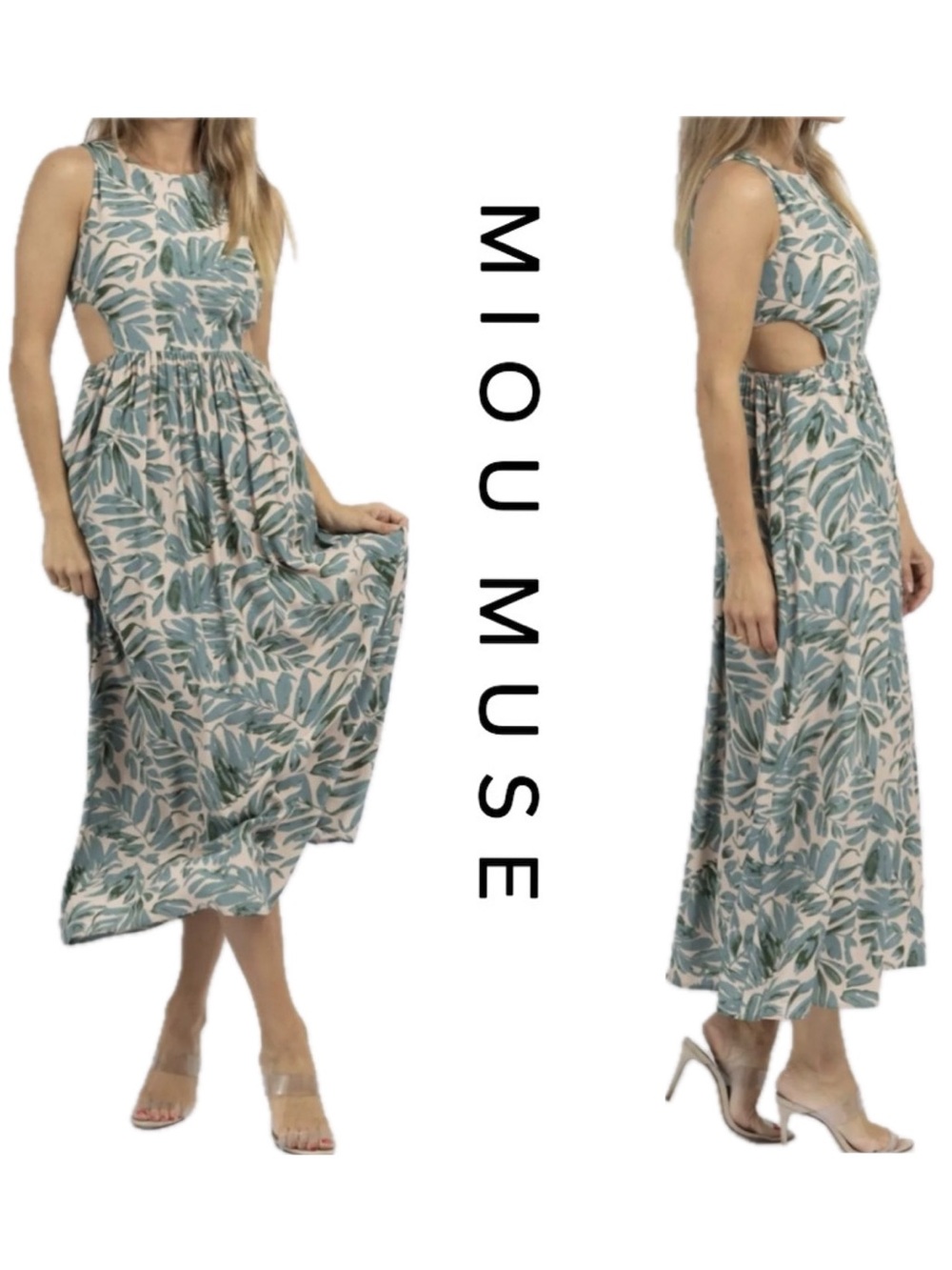 Miou Muse Coconut Palm Leaf Cutout Tropical Maxi Dress Blush Green POCKETS! S